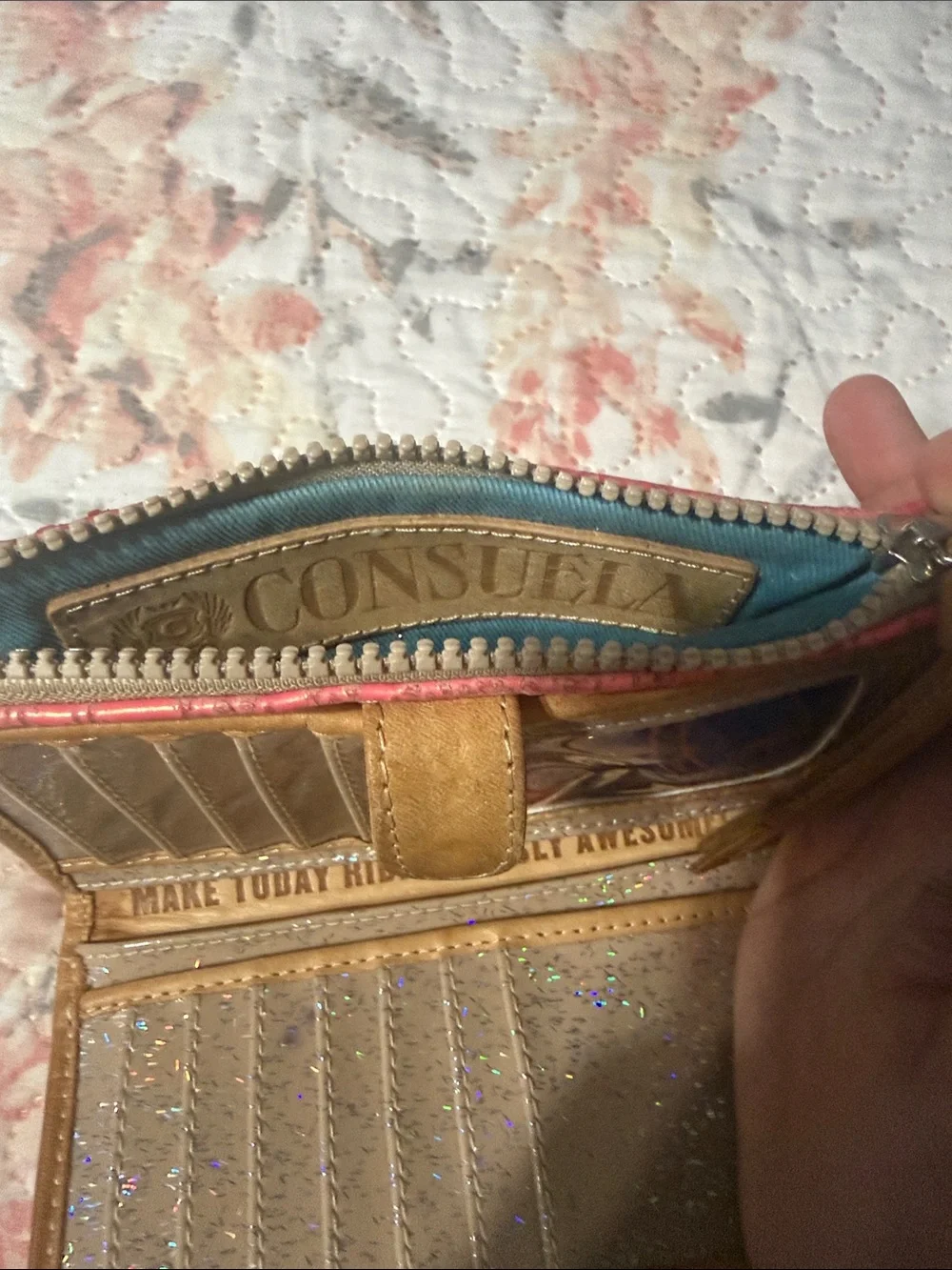 Consuela Pink and Gold Snake-Print Wallet with Tan Trim